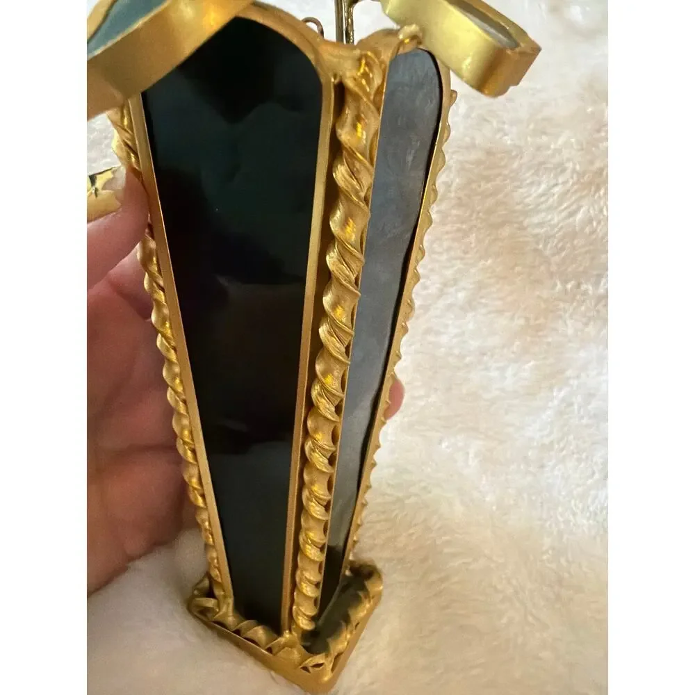 Rare Vintage Stained Glass Style Red Tulip Flower Vase Gold Tone Decor